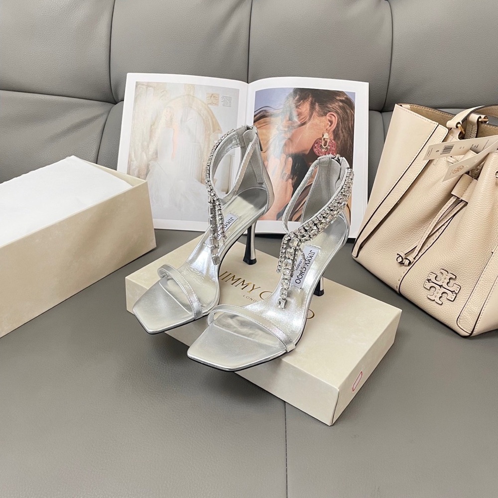 Jimmy Choo Silver Crystal T-Strap Stiletto Sandals